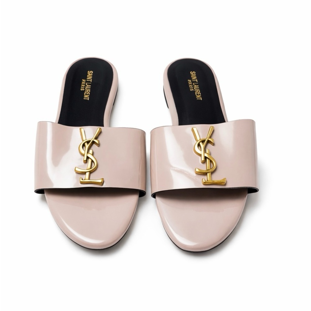 Saint Laurent Nude Patent Leather Slide Sandals with Gold YSL